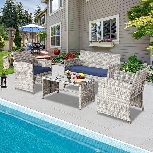 4 Pieces Patio Furniture Sets Outdoor Sectional Wicker Set Outdoor Conversation Set Patio Set Patio Loveseats with Coffee Table Porch, Poolside, Terrace, and Yard (Grey-Dark Blue)