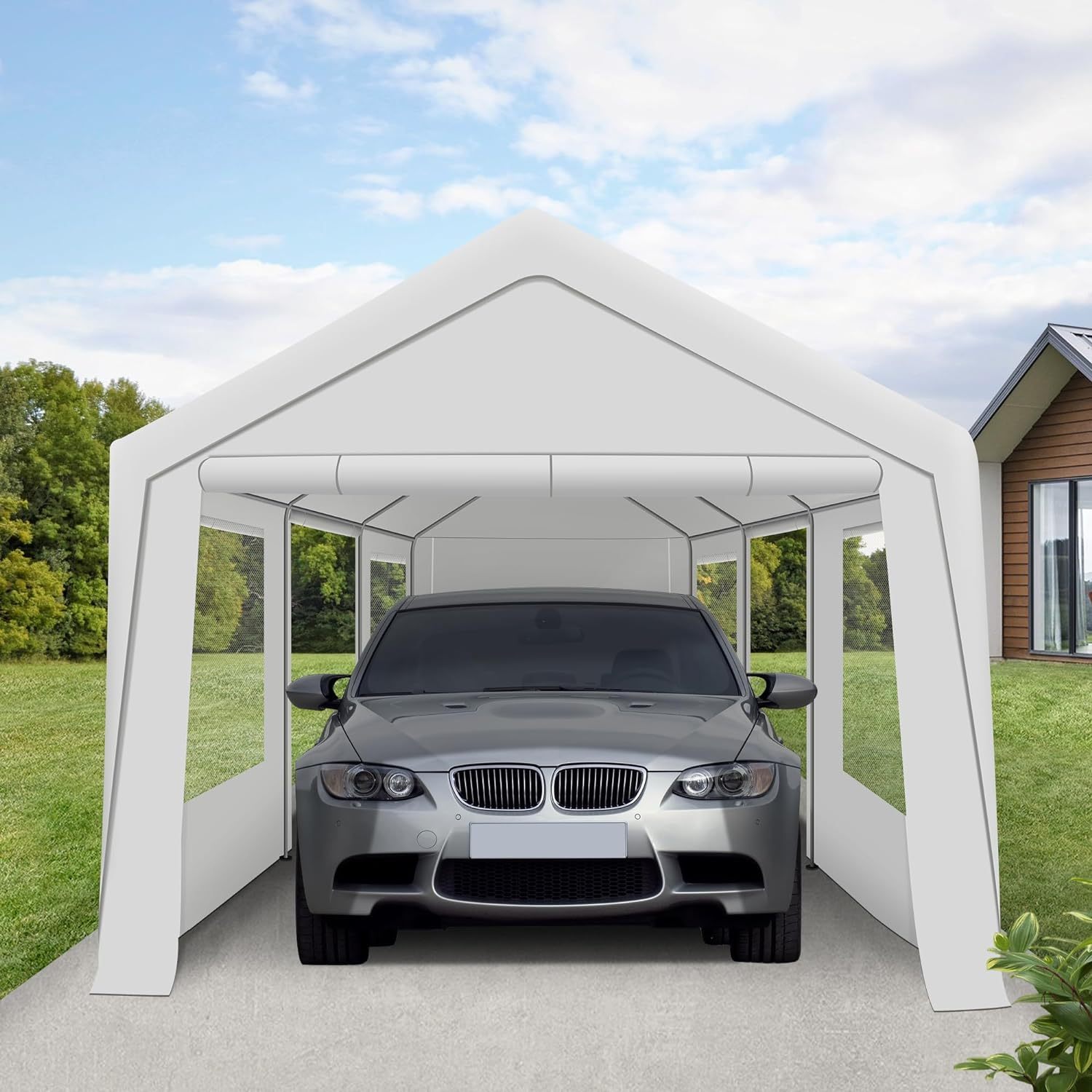 Upgraded 10 x 20Ft Heavy Duty Carport, Portable Garage Shelter with with Roll-up Sidewall and Ventilated Windows, Sand Bags, for Truck, Boat, Car(White)