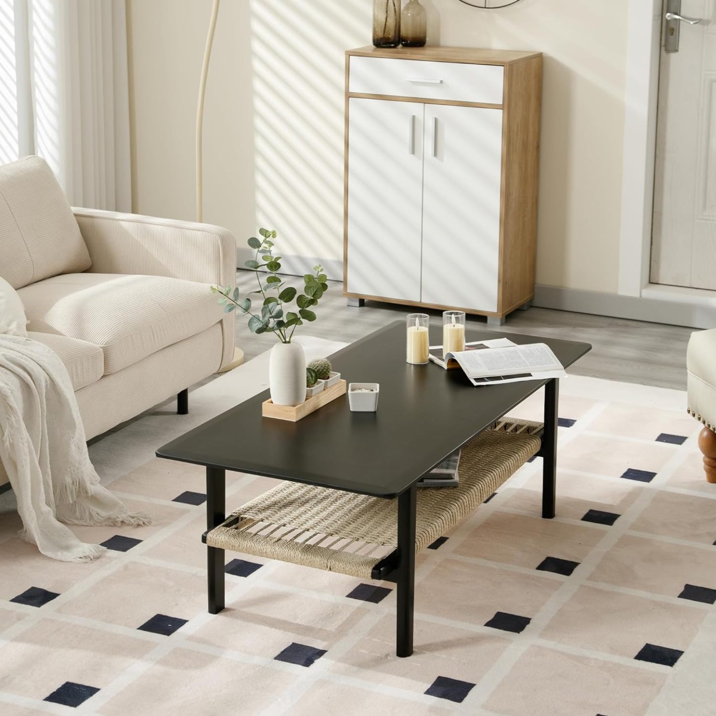 Black Coffee Table with Storage Shelf for Living Room Mid Century Sofa Tables