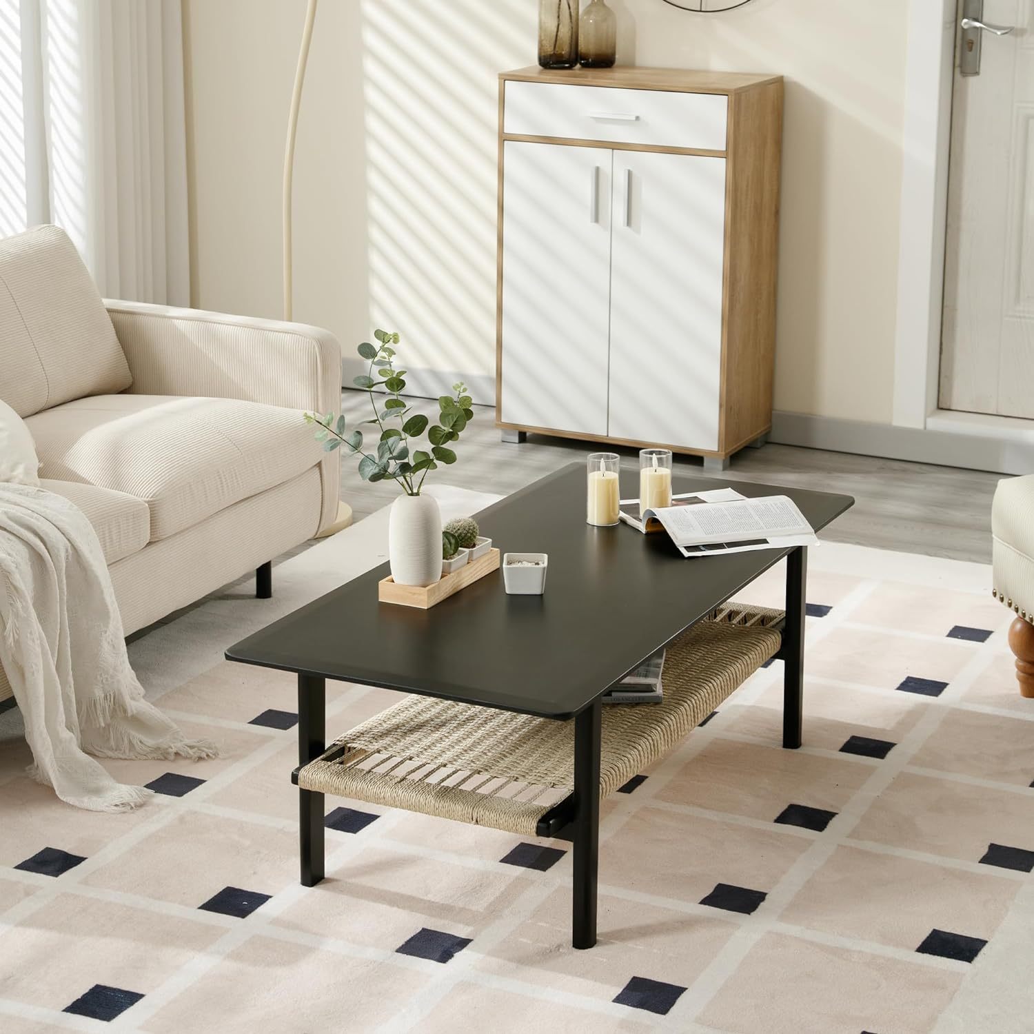 Black Coffee Table with Storage Shelf for Living Room Mid Century Sofa Tables