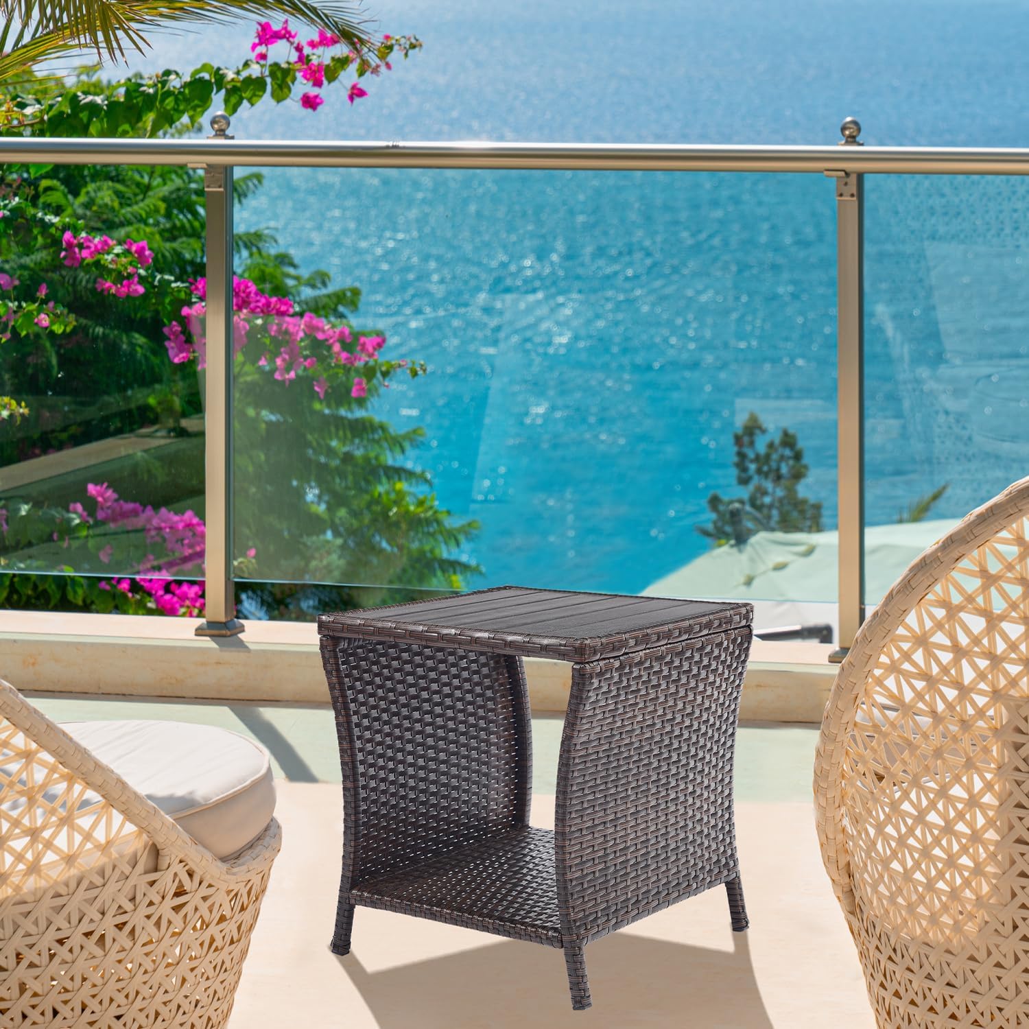 Outdoor Patio Side Table Small Brown Wicker Rattan End Table