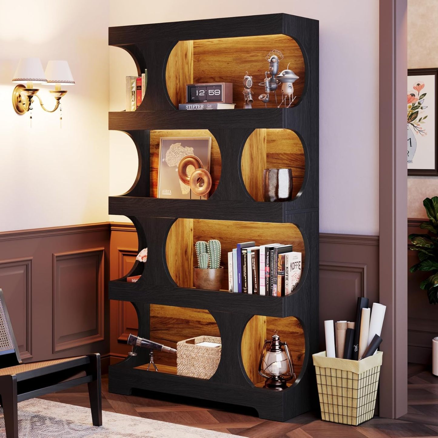 4-Tier S-Shaped Bookshelf, Wood Decorative Storage Shelving, Modern Freestanding Display Shelves