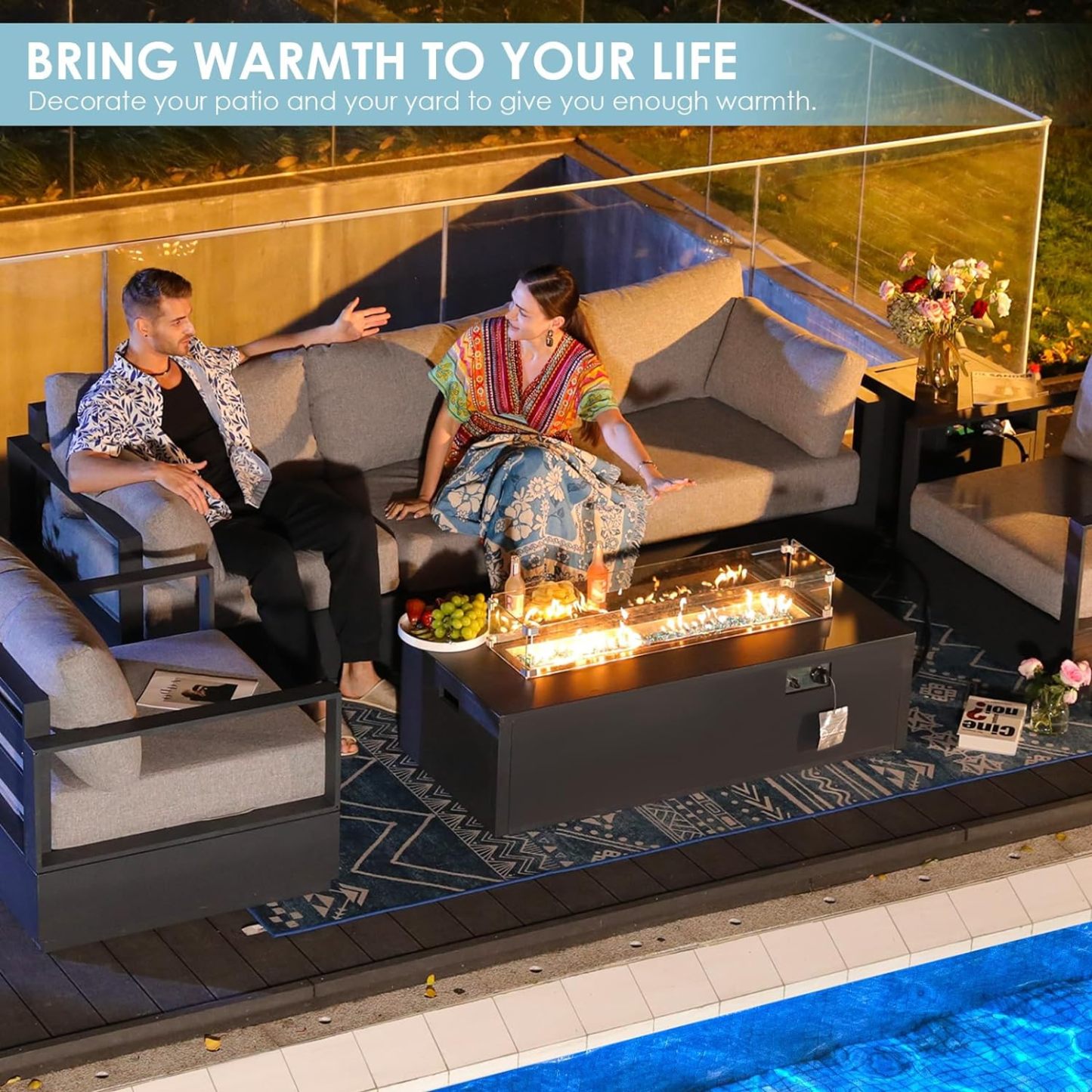 Thick Aluminum Patio Furniture with Thick Cushion Conversation Set with 53" Propane Fire Pit Table
