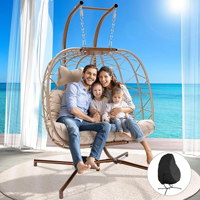 Double Egg Chair with Stand Wicker Swing Chair for 2 Person, Rattan Wicker Hanging Egg Chair