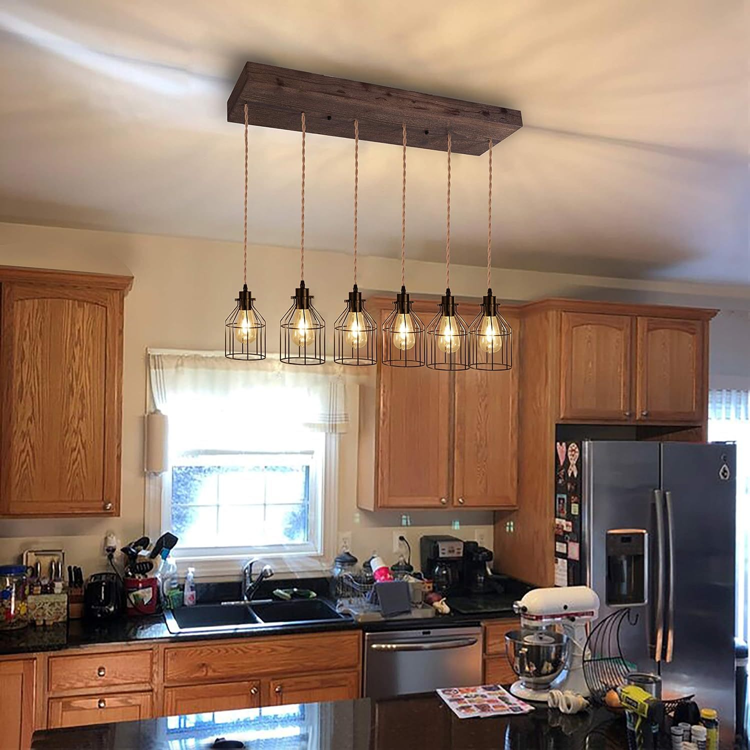 6 Lights Pendant Light for Kitchen Island, Farmhouse Linear Wood Flush Mount Chandelier with Metal Shades