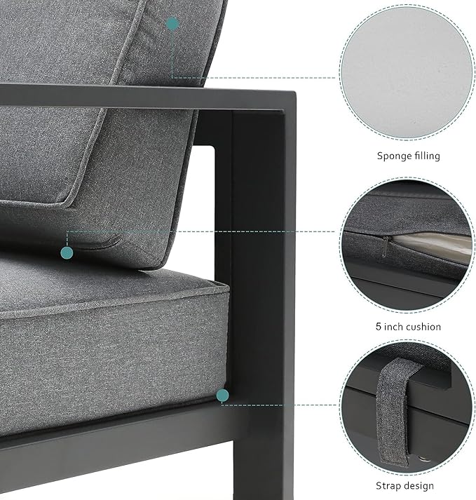 3-Seat Aluminum Patio Furniture Sofa, All-Weather Modern Outdoor 3-Seat Couch with Removable, Cushions (Gray)