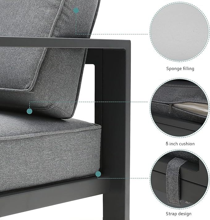 3-Seat Aluminum Patio Furniture Sofa, All-Weather Modern Outdoor 3-Seat Couch with Removable, Cushions (Gray)