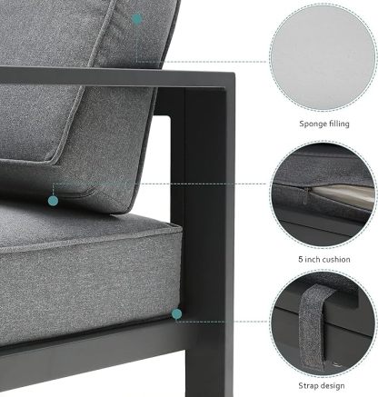 3-Seat Aluminum Patio Furniture Sofa, All-Weather Modern Outdoor 3-Seat Couch with Removable, Cushions (Gray)