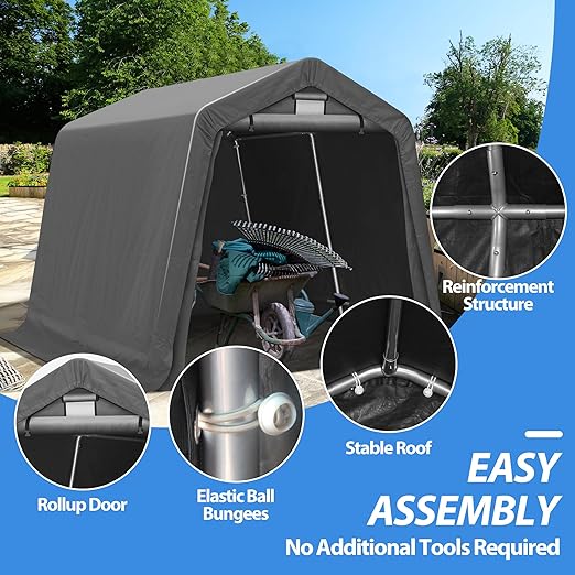 8x8Ft Ourdoor Storage Shed Shelter,Portable Shed Garage with Roll-up Zipper Door &Vent Window, Heavy Duty Storage Tent Carport for Bike,Motorcycle