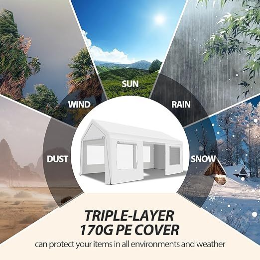 Upgraded 10 x 20Ft Heavy Duty Carport, Portable Garage Shelter with with Roll-up Sidewall and Ventilated Windows, Sand Bags, for Truck, Boat, Car(White)