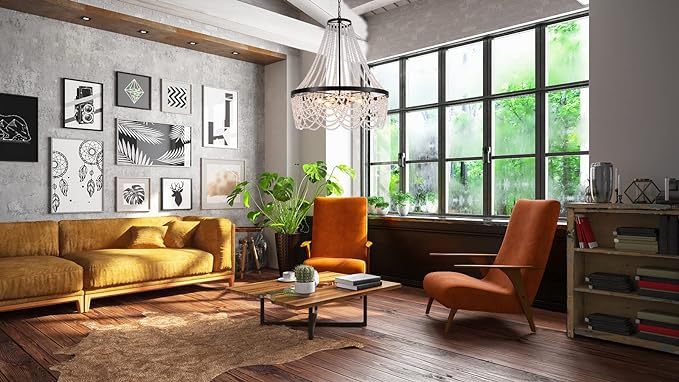 Black Beaded Chandelier 27inch, 4 Lights Modern Crystal Chandelier, Boho Light Fixture Ceiling for Bedroom Foyer Dining Room, French Empire Chandelier Lighting with Glear Glass Bead