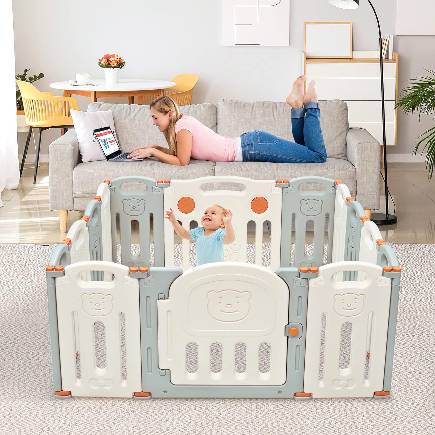 14 Panel Baby Fence Play Area w/Game Board & Lockable Door