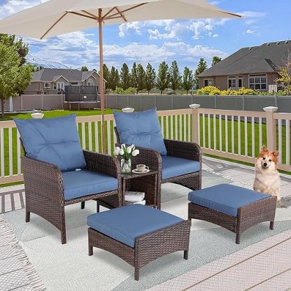 5 Pieces Wicker Conversation Sets Patio Outdoor Furniture Set with PE Rattan Indoor & Outdoor Furniture Set with Coffee Table for Backyard Porch and Garden