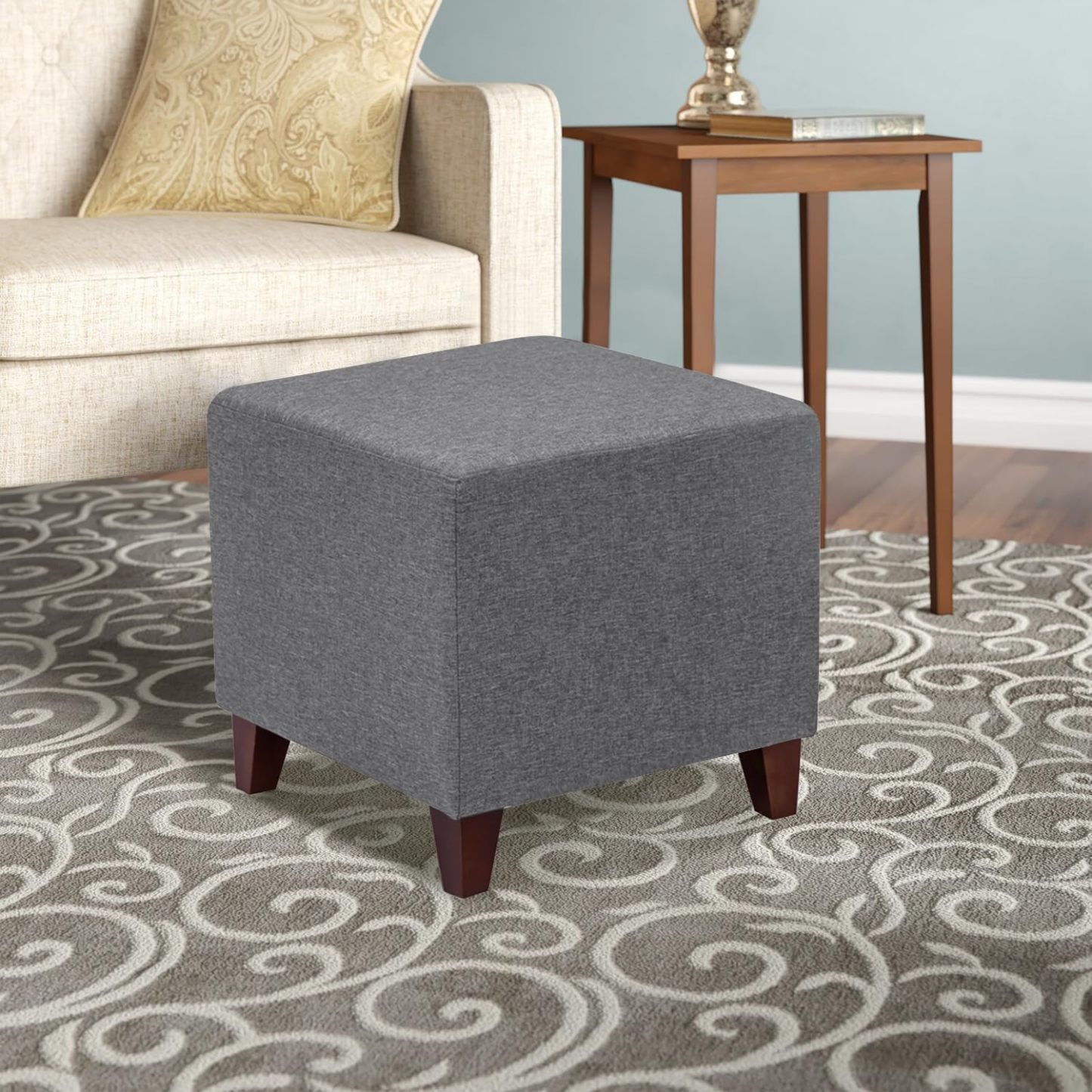 Square Ottoman Fabric Cube Foot Rest Stool with Wooden Legs
