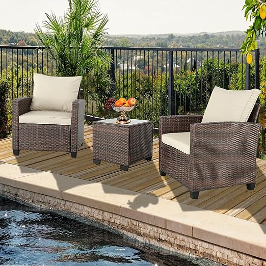 3 Piece Patio Set Rattan Wicker Chairs with Coffee Table Outside Furniture Balcony Furniture Sets (Brown Gary)