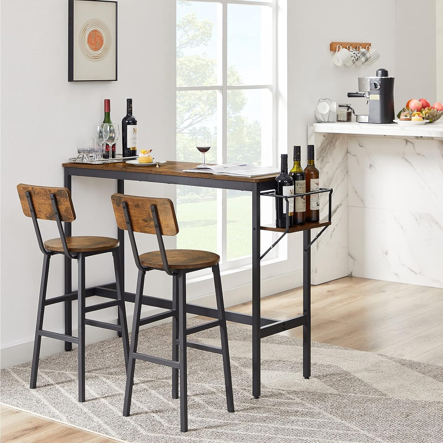 3-Piece Bar Table and Chairs Set, High Top Pub Table with Folding Wine Rack & 2 Wooden Stools