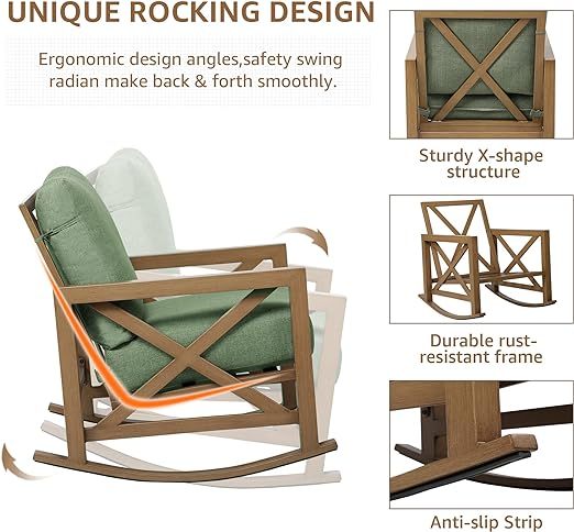 Rocking Bistro Set, 3 Piece Outdoor Patio Conversation Furniture Set with 2 Rockers and 1 Metal Coffee Table with Thick Cushions