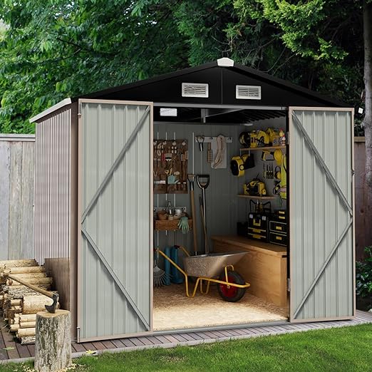 Outdoor Storage Shed 3.6x6.4FT, Utility Steel Tool Shed with Lockable Door, Galvanized Metal with Air Vents for Garden Backyard Patio Lawn