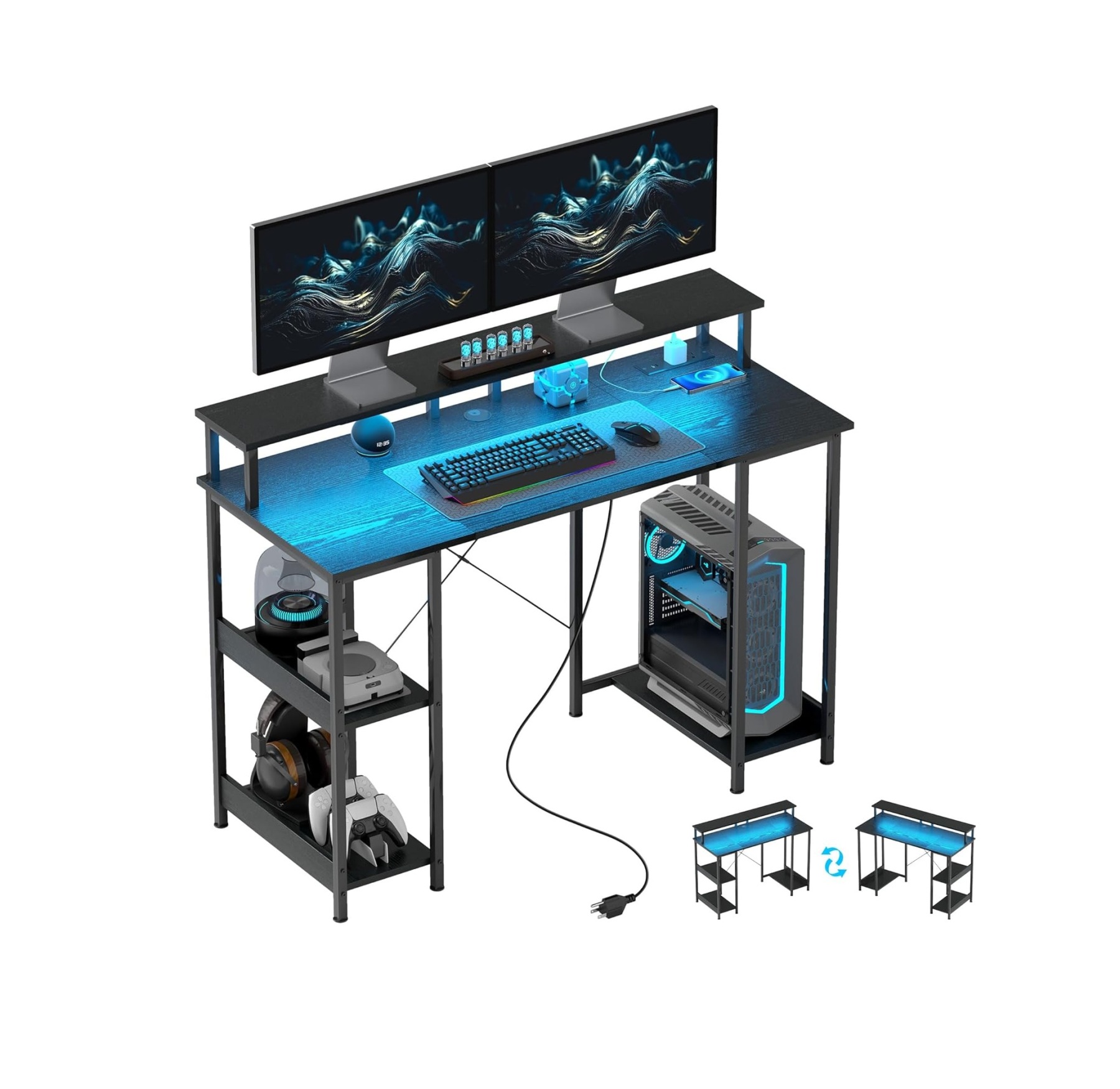 47" Gaming Desk with Power Outlets and LED Lights, Reversible Computer Desk with Monitor Stand and 2-Tier Storage Shelves