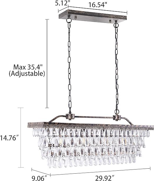 Dining Room Crystal Chandelier,30 inch Antique Bronze Rectangle Crystal Ceiling Light,4 Lights Farmhouse Kitchen Island Lighting