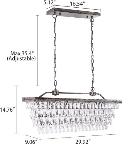 Dining Room Crystal Chandelier,30 inch Antique Bronze Rectangle Crystal Ceiling Light,4 Lights Farmhouse Kitchen Island Lighting