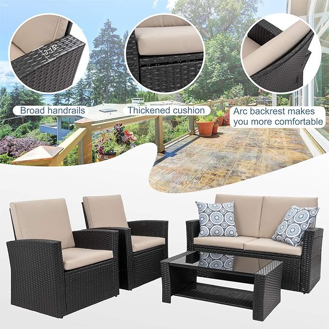 4-Piece Outdoor Patio Furniture Set, Wicker Rattan Sectional Sofa Couch with Glass Coffee Table