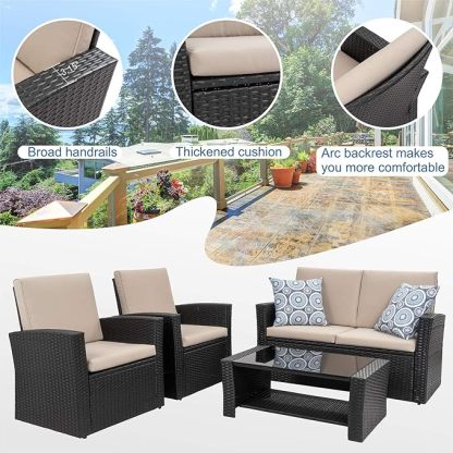 4-Piece Outdoor Patio Furniture Set, Wicker Rattan Sectional Sofa Couch with Glass Coffee Table