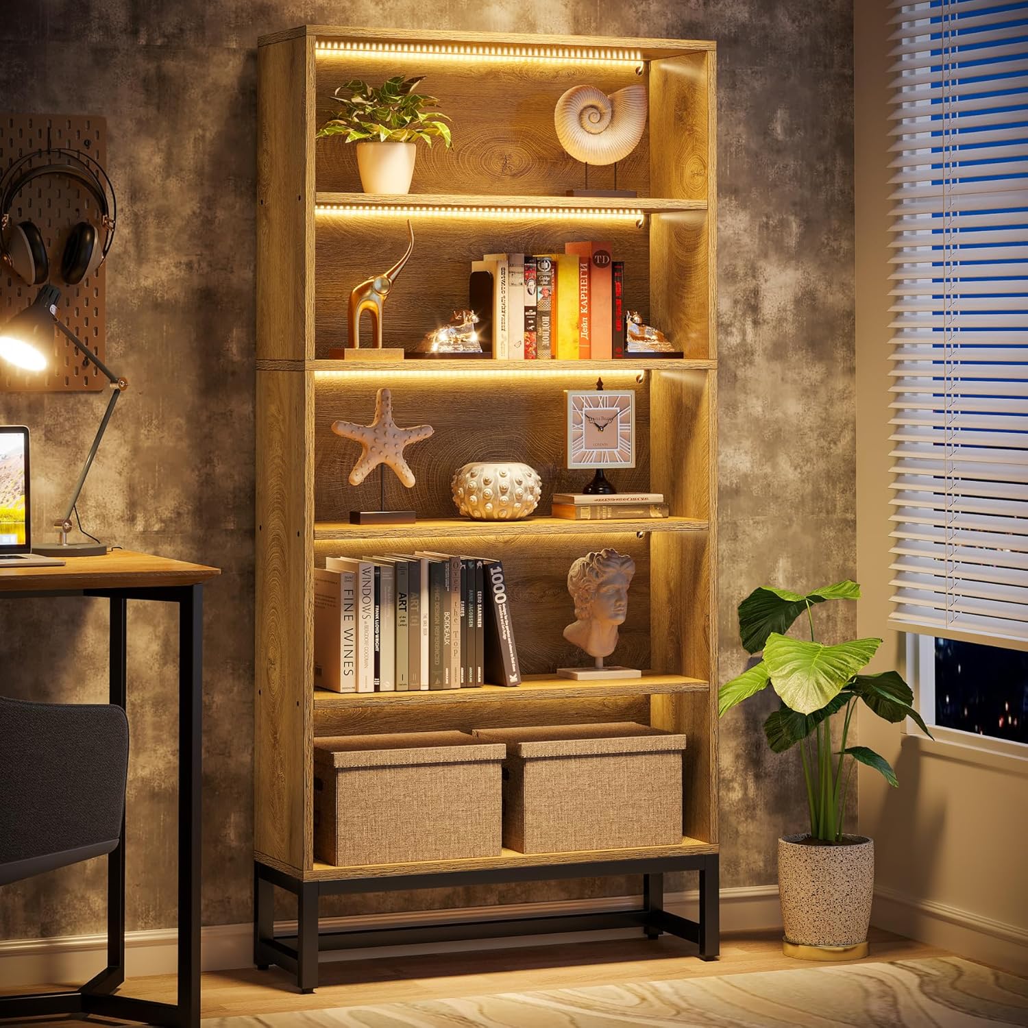 70.8" Large Bookcases Organizer with LED Lights, Heavy Duty Free-Standing Library Bookshelf with 5-Tier Storage Shelves