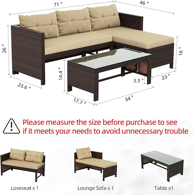 Outdoor Patio Furniture Sets, Wicker Patio sectional Sets 3-Piece