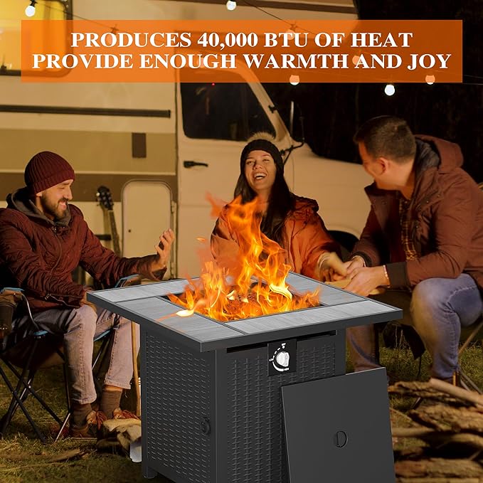 30 inch Propane Fire Pit, Square Gas Fire Pit Table with Grey Ceramic Tile Tabletop and Lid