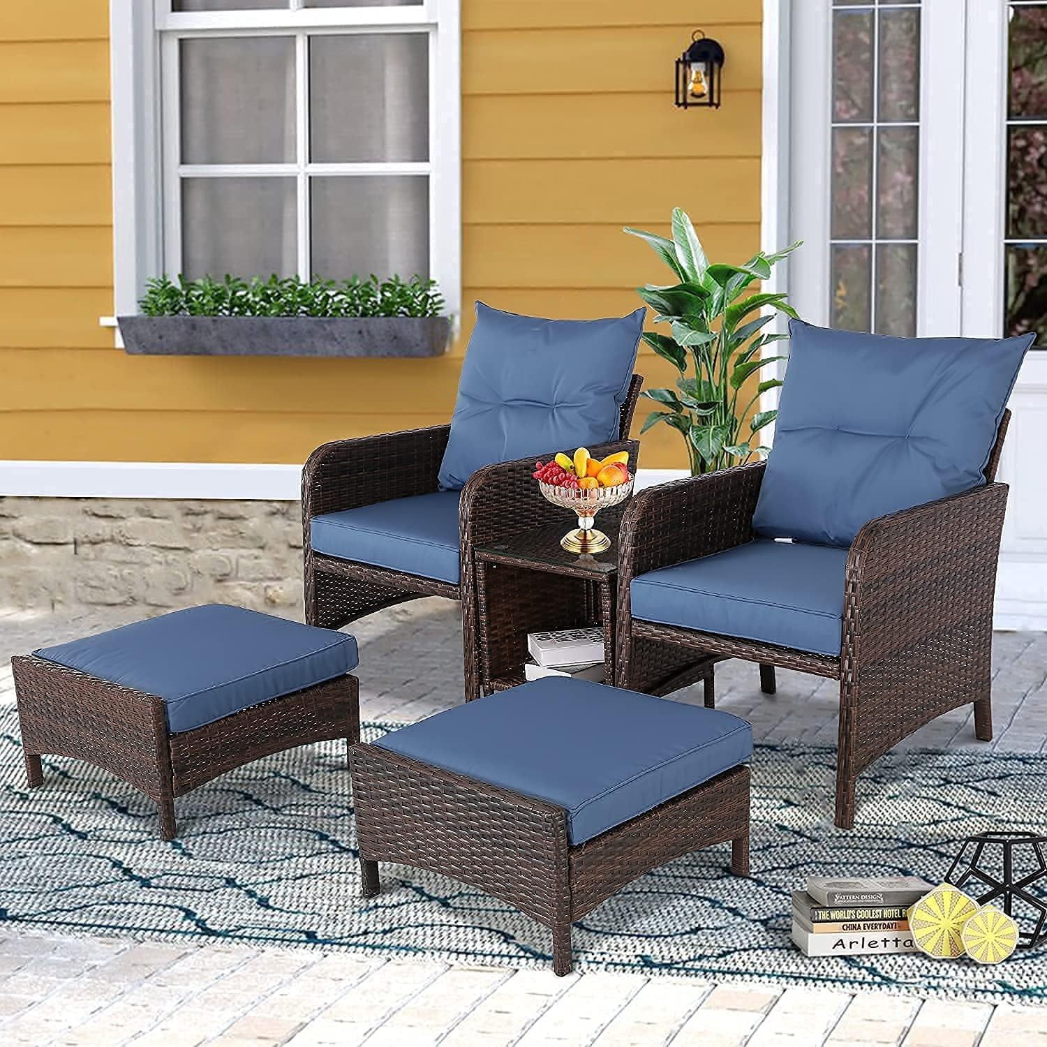 5 Pieces Wicker Conversation Sets Patio Outdoor Furniture Set with PE Rattan Indoor & Outdoor Furniture Set with Coffee Table for Backyard Porch and Garden
