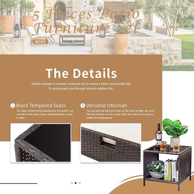 5 Pieces Outdoor Wicker Patio Furniture Set, All Weather PE Rattan Conversation Set