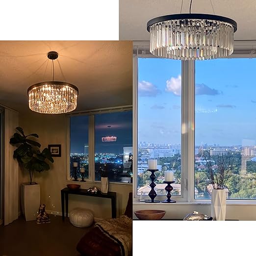 Modern Crystal Chandelier for Dining Room, 6 Lights Black Farmhouse Crystal Pendant Light, Vintage Ceiling Lighting Fixture for Kitchen Island, Living Room, Bedroom, Hallway, Foyer, W-21.65”