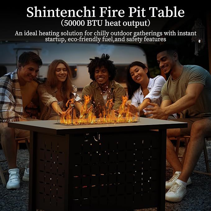 30 inch Propane Fire Pit, Square Gas Fire Pit Table with Grey Ceramic Tile Tabletop and Lid