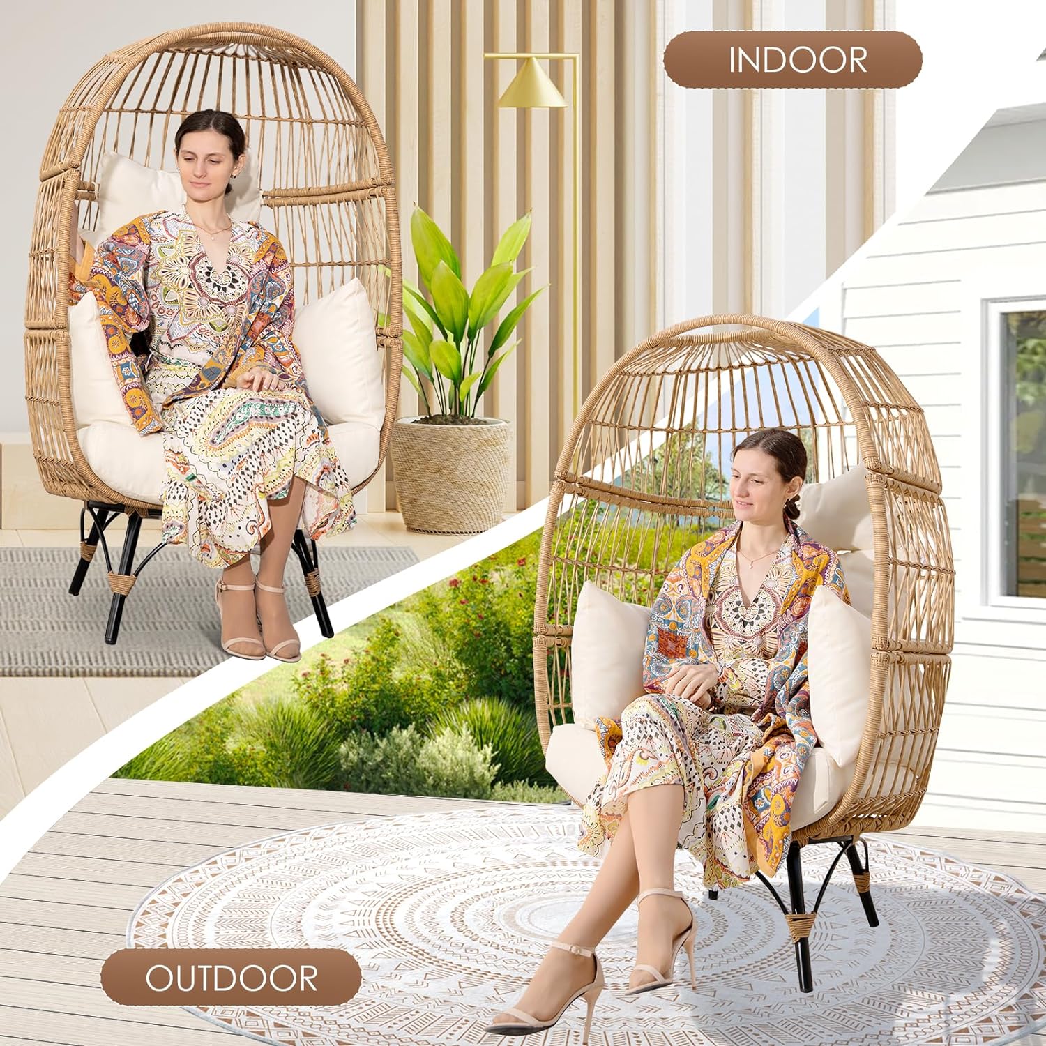 Oversized Wicker Egg Chair Hand-Woven Stable and Sturdy 440 lbs. Load