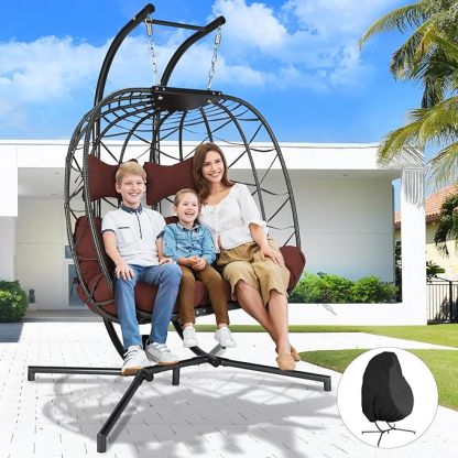 Double Egg Chair with Stand Wicker Swing Chair for 2 Person