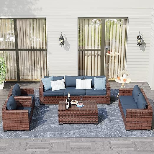 Wide Armrest Outdoor Patio Furniture Set, 5 Piece Patio Sectional Sofa with Storage Table for Backyard, Porch, Balcony, Poolside(Navy Blue)