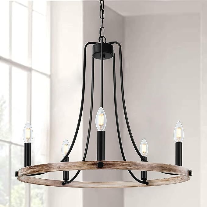 Rustic Foyer Chandeliers, 5 Lights Modern Farmhouse Candle Wagon Wheel Chandelier, 23.6" Round Hanging Ceiling Pendant Lighting