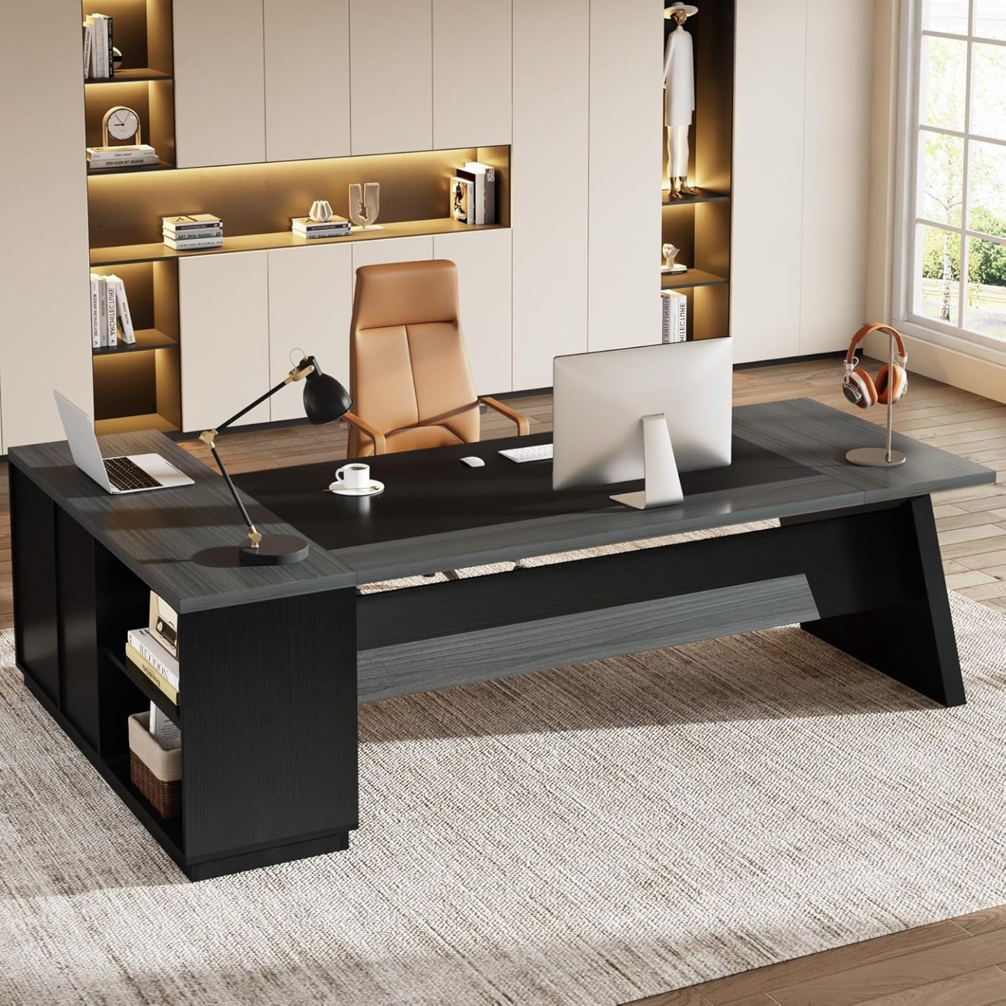 78" L-Shaped Executive Desk, Large Modern Office Desk with Drawers and Lateral File Cabinet