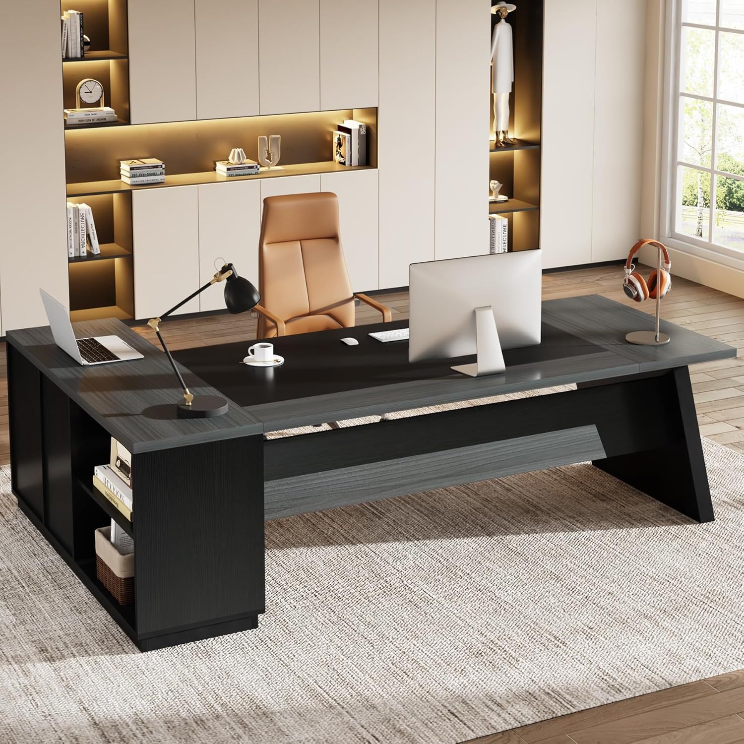78" L-Shaped Executive Desk, Large Modern Office Desk with Drawers and Lateral File Cabinet