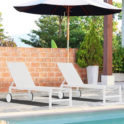 2 PCS Outdoor Chaise Lounges Chair with Wheels Aluminum Reclining Patio Lounge Chairs