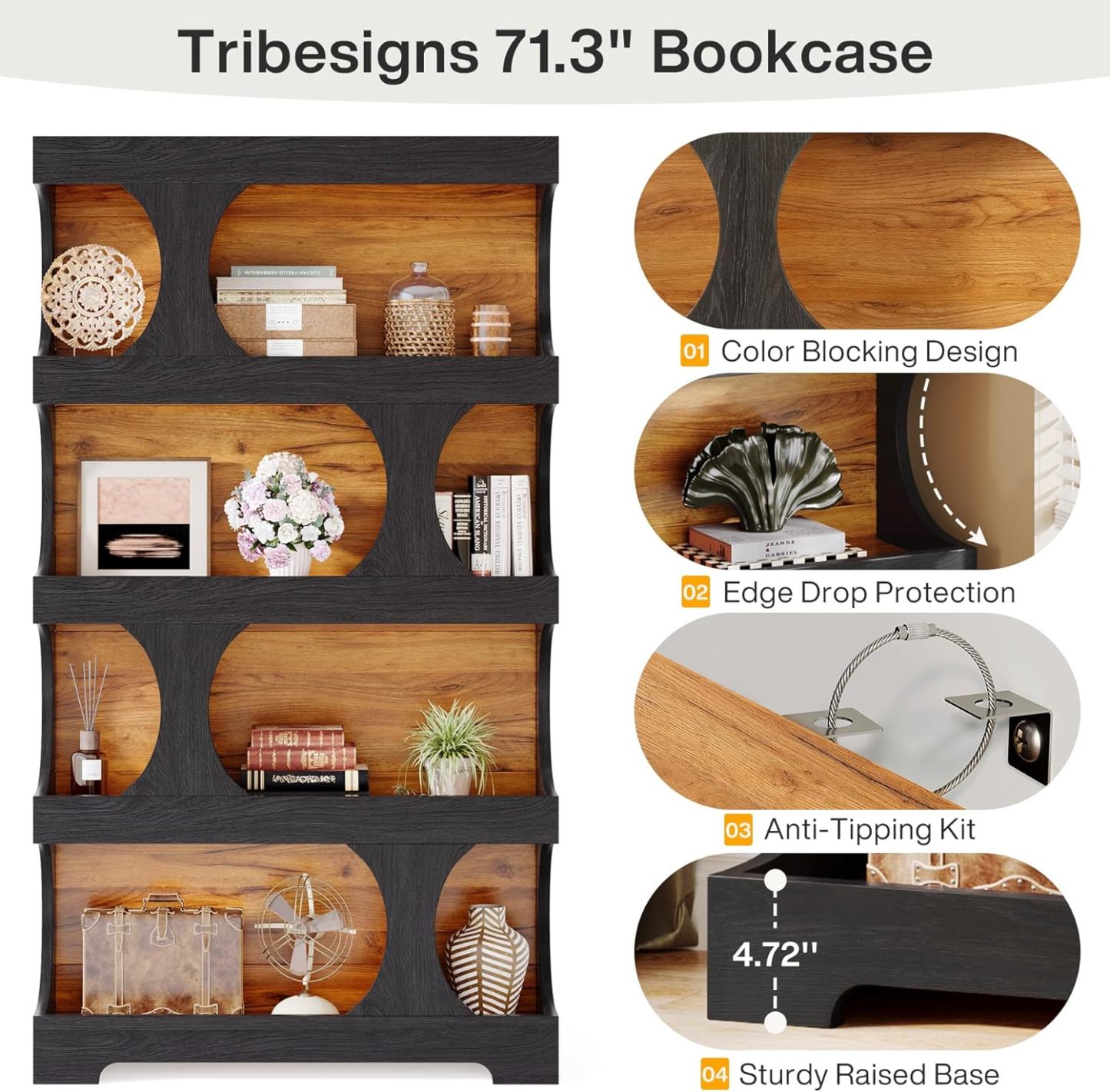 4-Tier S-Shaped Bookshelf, Wood Decorative Storage Shelving, Modern Freestanding Display Shelves