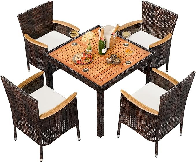 5 Piece Patio Dining Set, Wicker Patio Conversation Set with Wood Table Top