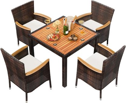 5 Piece Patio Dining Set, Wicker Patio Conversation Set with Wood Table Top