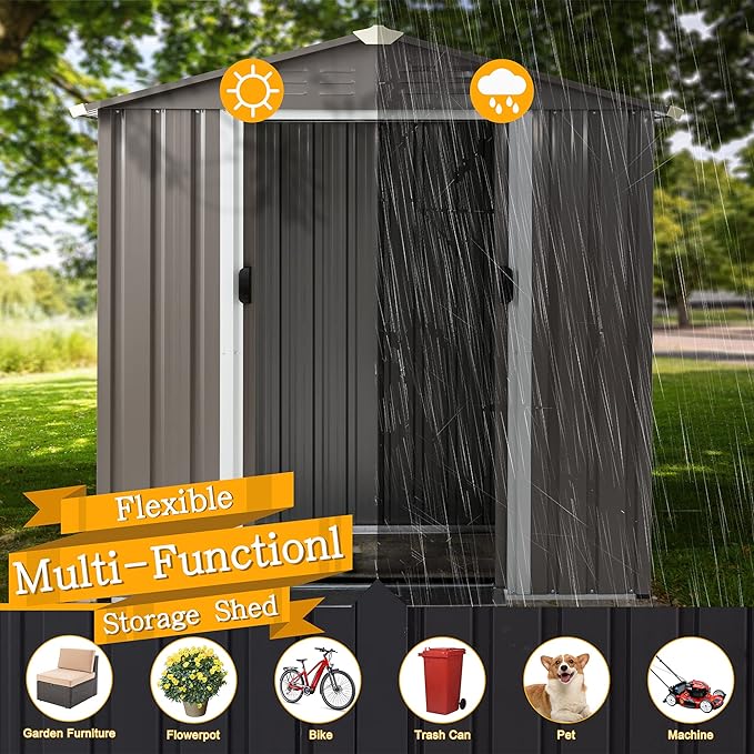 6X4 FT Outdoor Storage Shed, Waterproof Metal Garden Sheds with Lockable Double Door