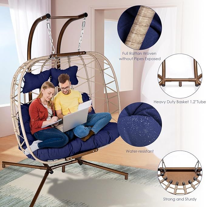 Double Egg Chair with Stand Wicker Swing Chair for 2 Person