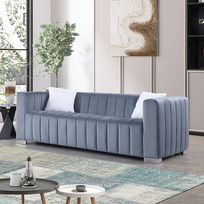 Channel Tufted Velvet 3-Seater Sofa Couch with 2 Pillows, Square Arms & Gold Metal Legs