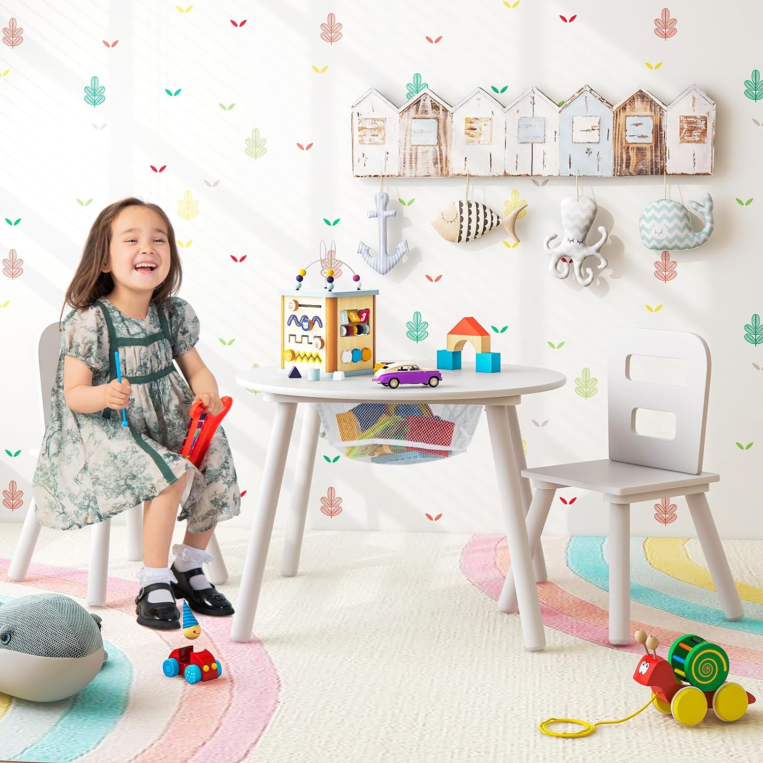 Kids Table and Chair Set, Wooden Children Activity Table and 2 Chairs