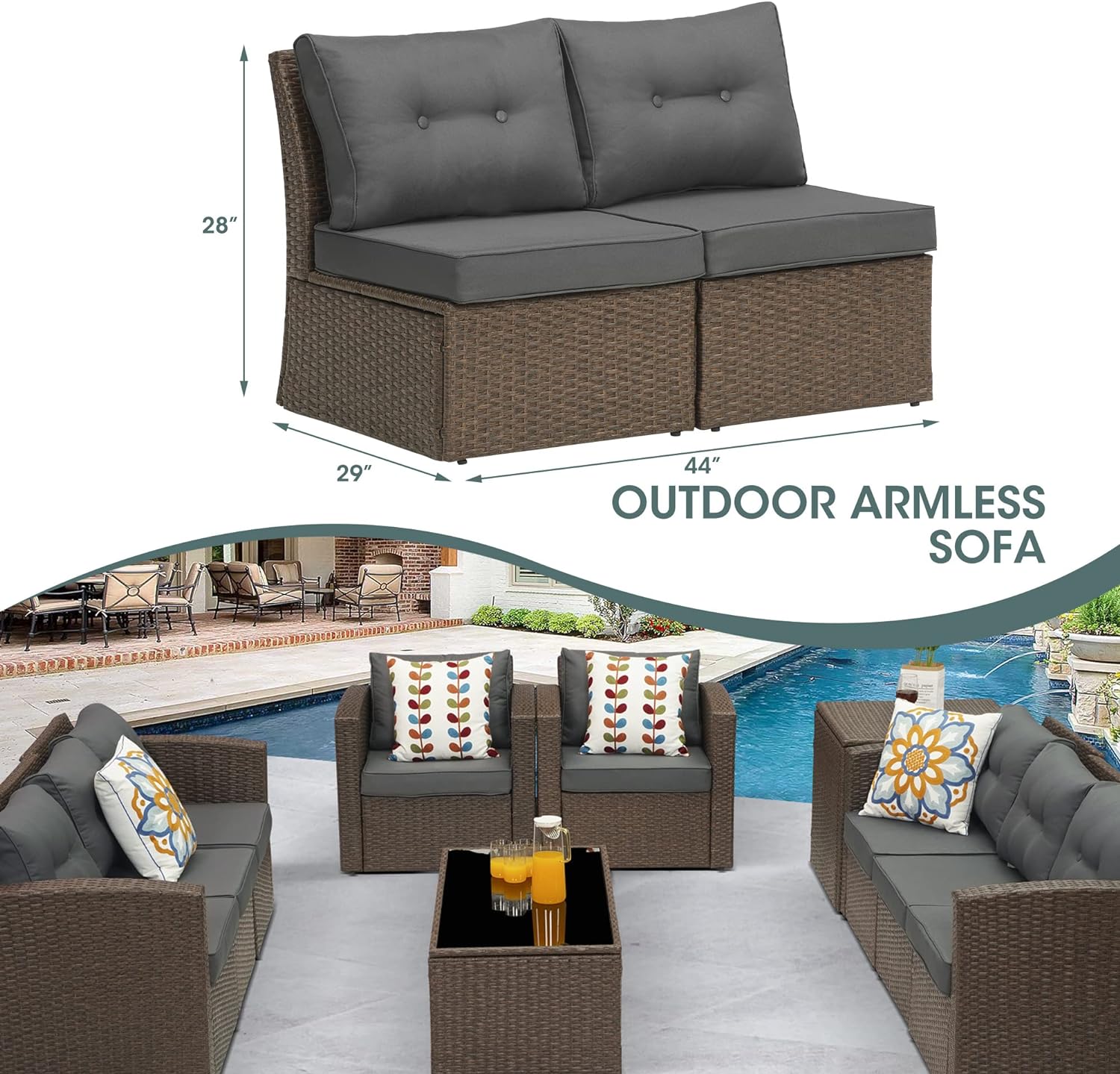 Outdoor Patio Sofa armless Chair, Aluminum Frame, Brown/Dark Grey