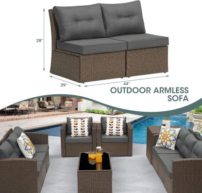 Outdoor Patio Sofa armless Chair, Aluminum Frame, Brown/Dark Grey